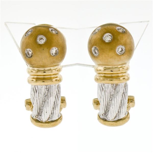 New Unique 14K TT Gold .20 ctw Round Diamond Textured Brushed Omega Back Earring