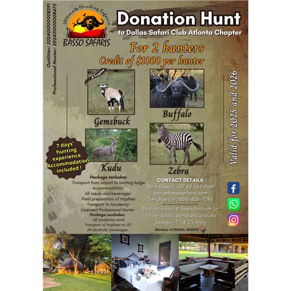 BASSO SAFARIS:  7-DAY SOUTH AFRICA HUNT  - $1,000 CREDIT PER HUNTER FOR TWO HUNTERS, ACCOMODATIONS I