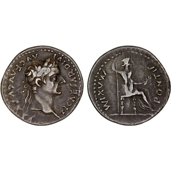 ROMAN EMPIRE: Tiberius, 14-37 AD, AR denarius (3.81g), Lugdunum, VF