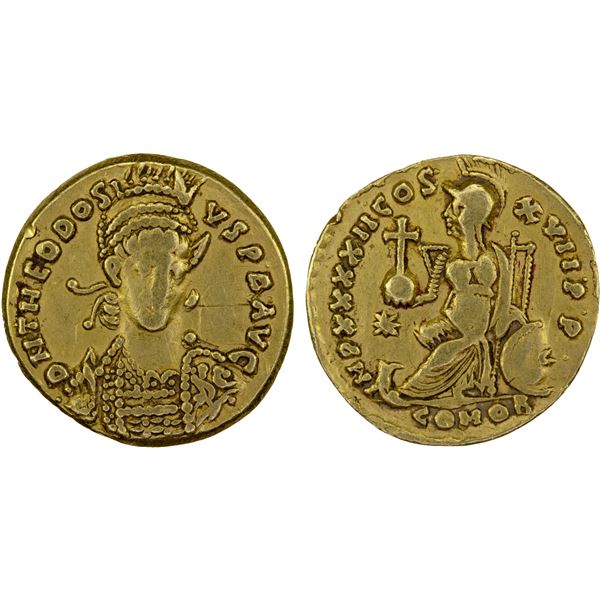 ROMAN EMPIRE: Theodosius II, 402-450 AD, AV solidus (2.56g), Constantinople, 441-450 AD, Fine