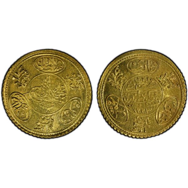 TURKEY: Mahmud II, 1808-1839, AV hayriye altin (1.80g), Kostantiniye, AH1223 year 22, PCGS MS62