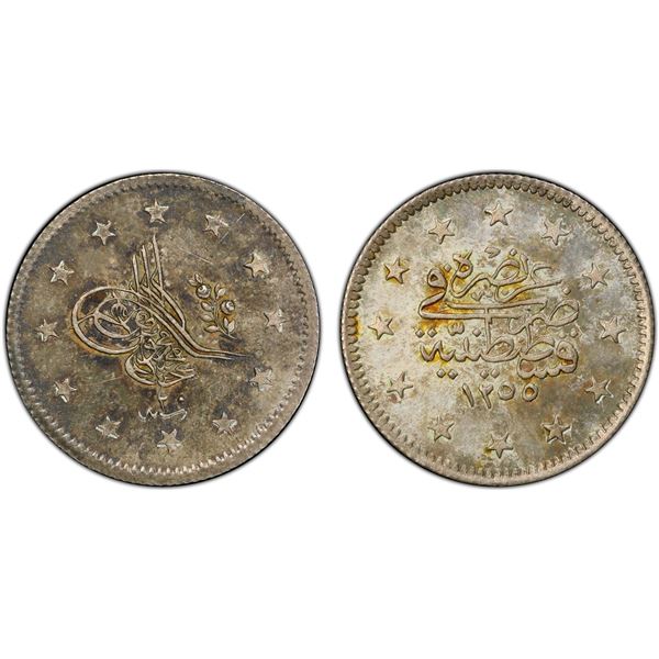 TURKEY: Abdul Mejid, 1839-1861, AR 2 kurush, Kostantiniye, AH1255 year 20, PCGS MS63