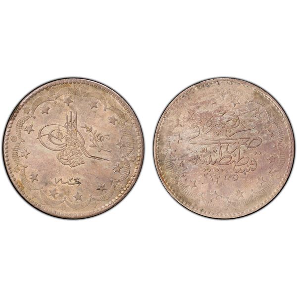 TURKEY: Abdul Mejid, 1839-1861, AR 20 kurush, Kostantiniye, AH1255 year 23 (1861), PCGS MS63