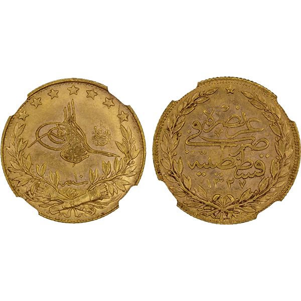TURKEY: Mehmet V, 1909-1918, AV 100 kurush, Kostantiniye, AH1327 year 10, NGC MS61