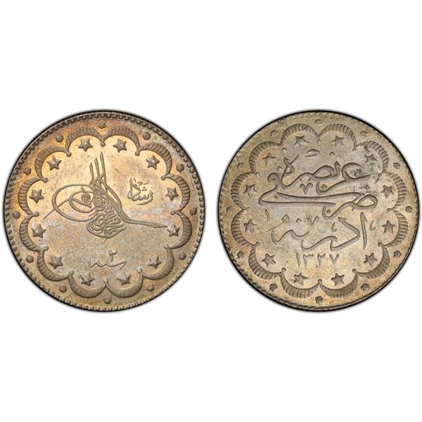 TURKEY: Mehmet V, 1909-1918, AR 10 kurush, Edirne, AH1327 year 2, PCGS MS63