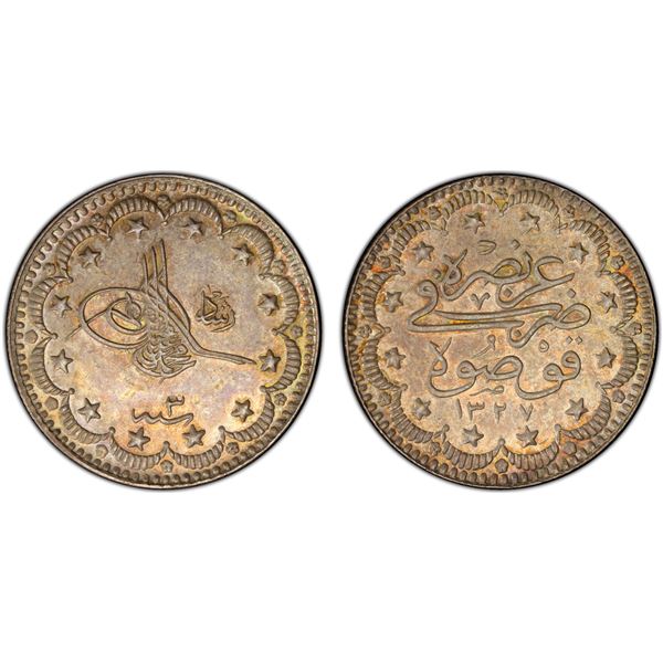 TURKEY: Mehmet V, 1909-1918, AR 5 kurush, Kosova, AH1327 year 3, PCGS MS64
