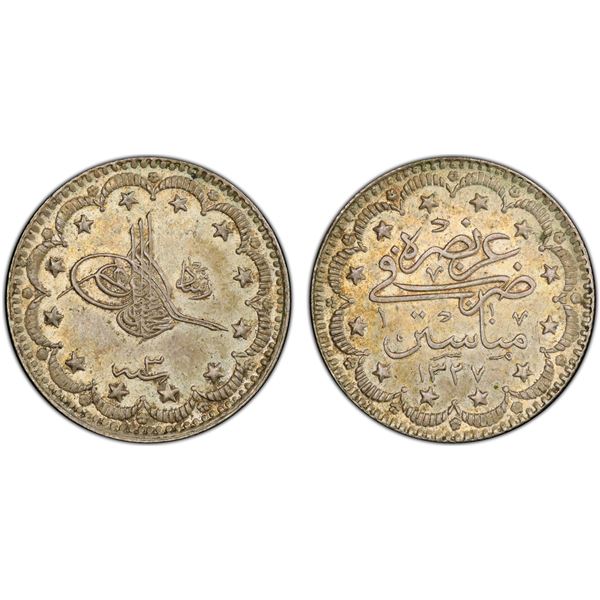 TURKEY: Mehmet V, 1909-1918, AR 5 kurush, Manastir, AH1327 year 3, PCGS MS63