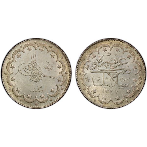 TURKEY: Mehmet V, 1909-1918, AR 10 kurush, Salanik, AH1327 year 3, PCGS MS64