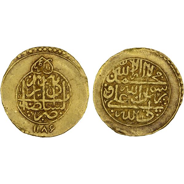 ZAND: Karim Khan, 1753-1779, AV 1/4 mohur (2.71g), Tabriz, AH1186, VF