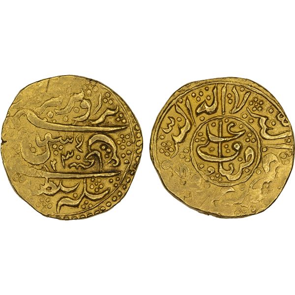 DURRANI: Ayyub Shah, 1817-1829, AV imitative mohur (10.18g), NM, AH1234, XF