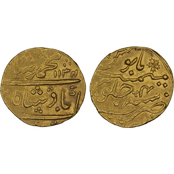 MUGHAL: Muhammad Shah, 1719-1748, AV mohur (10.81g), uncertain mint, AH1134 year 4, XF