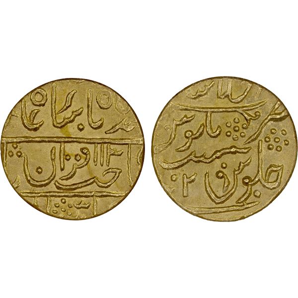 GWALIOR: LASHKAR: Daulat Rao, 1794-1827, AV mohur, AH1130 year 2 (frozen), NGC MS64