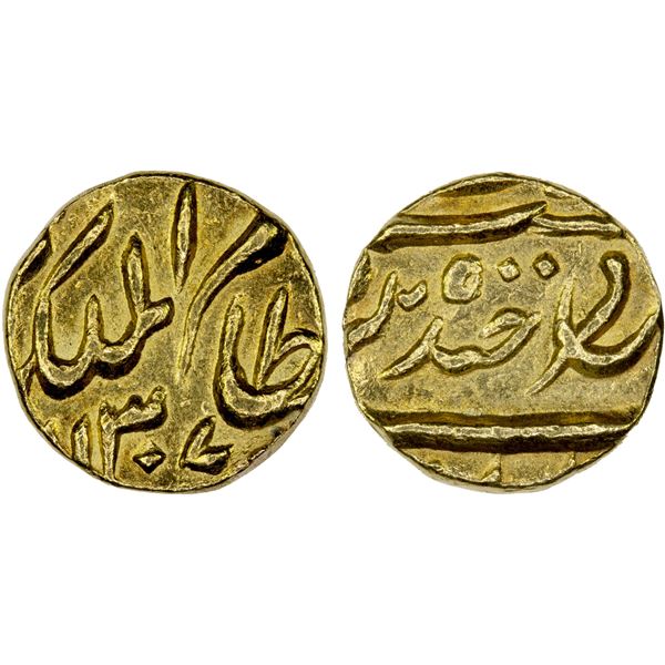 HYDERABAD: Mir Mahbub Ali Khan, 1869-1911, AV 1/8 mohur (1.34g), Farkhanda Bunyad, AH1307, VF-XF