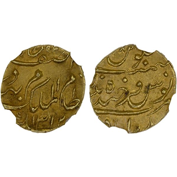 HYDERABAD: Mir Mahbub Ali Khan, 1869-1911, AV 1/4 ashrafi, Farkhanda Bunyad, AH1312 year 28, NGC MS6