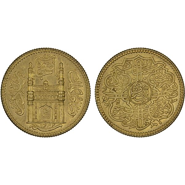 HYDERABAD: Mir Usman Ali Khan, 1911-1948, AV ashrafi (11.16g), Farkhanda Bunyad, AH1333 year 4, Unc