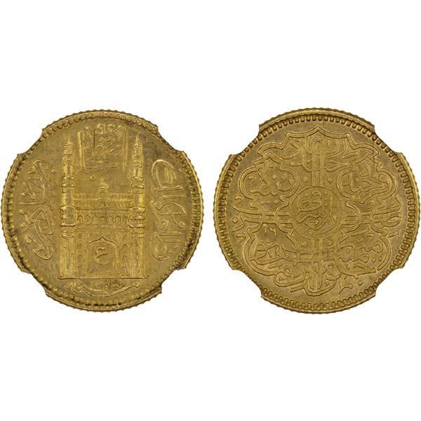 HYDERABAD: Mir Usman Ali Khan, 1911-1948, AV 1/4 ashrafi, Farkhanda Bunyad Hyderabad, AH1345 year 16