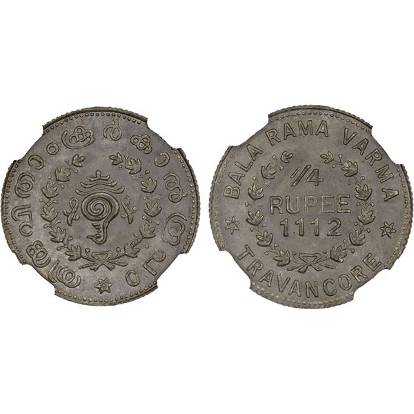 TRAVANCORE: Bala Rama Varma II, 1924-1949, AR 1/4 rupee, ME1112 (1937), NGC MS66