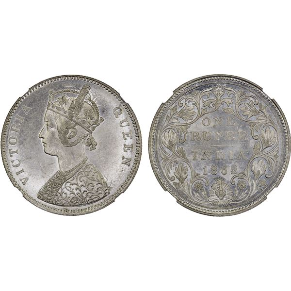 BRITISH INDIA: Victoria, Queen, 1837-1876, AR rupee, 1862(b), NGC MS62