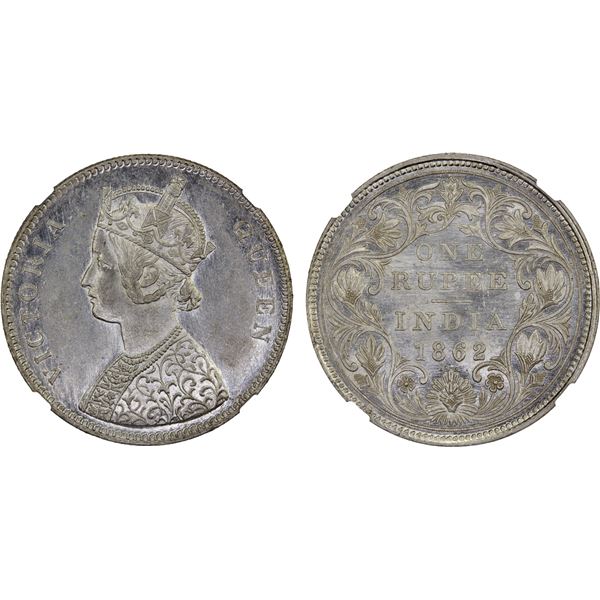BRITISH INDIA: Victoria, Queen, 1837-1876, AR rupee, 1862(b), NGC MS61