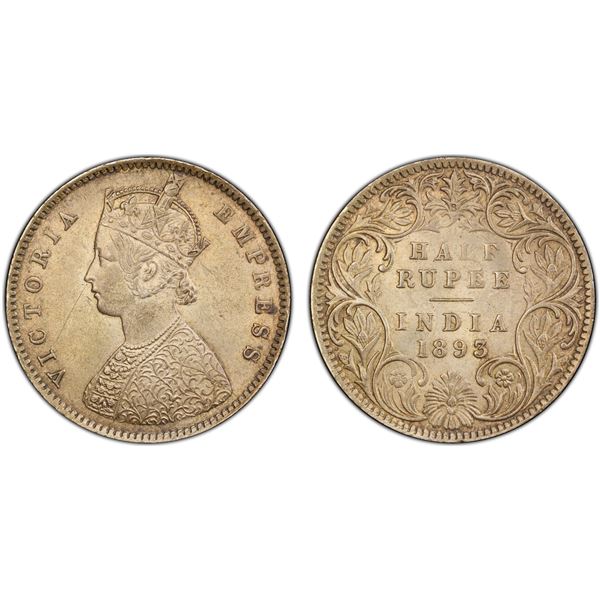BRITISH INDIA: Victoria, Empress, 1876-1901, AR 1/2 rupee, 1893-B, PCGS UNC details