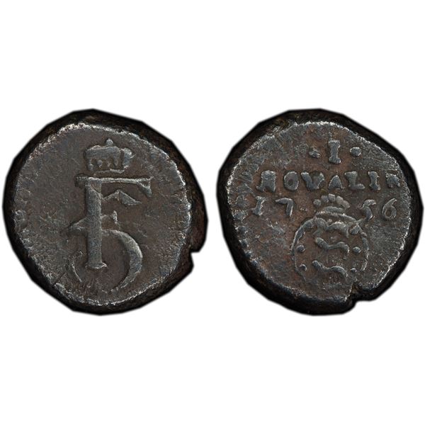 DANISH INDIA: Frederik V, 1746-1766, AR royalin, Tranquebar, 1756, PCGS VF35