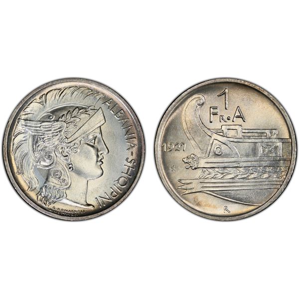 ALBANIA: Republic, AR frang ar, 1927-R, PCGS MS65