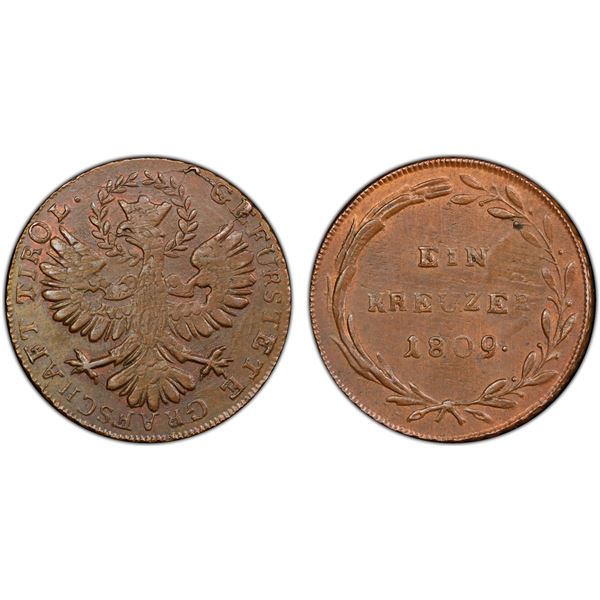 TYROL: Maximilian Josef I, 1805-1814, AE kreuzer, 1809, PCGS AU58