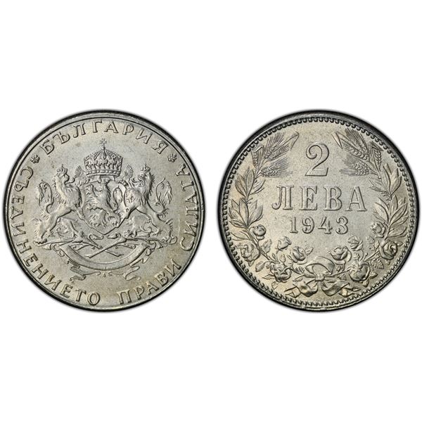 BULGARIA: Boris III, 1918-1943, 2 leva, 1943, PCGS MS65