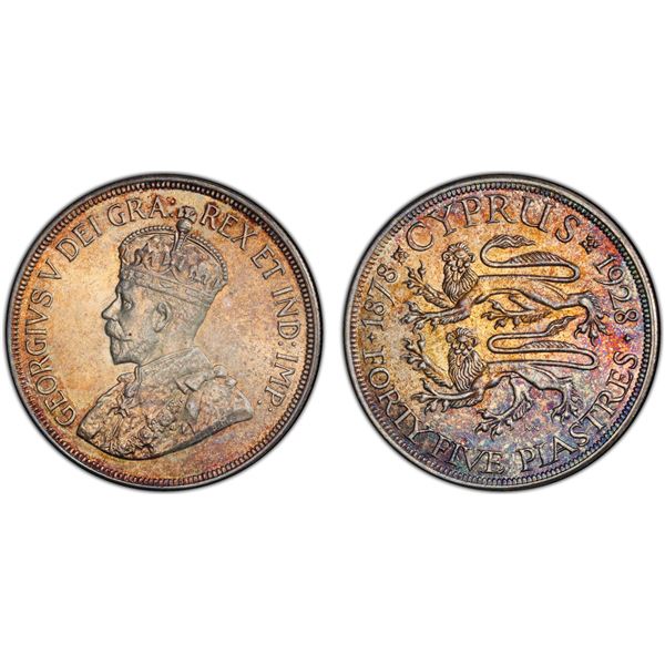 CYPRUS: George V, 1910-1936, AR 45 piastres, 1928, PCGS MS64