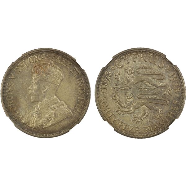 CYPRUS: George V, 1910-1936, AR 45 piastres, 1928, NGC MS64