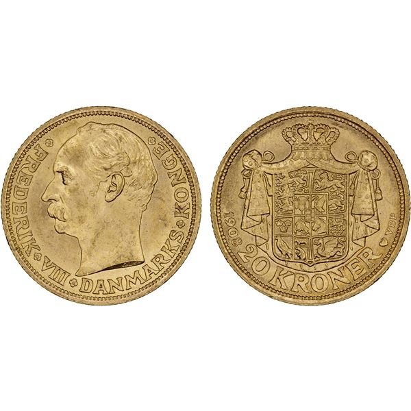 DENMARK: Frederik VIII, 1906-1912, AV 20 kroner, 1908, Unc