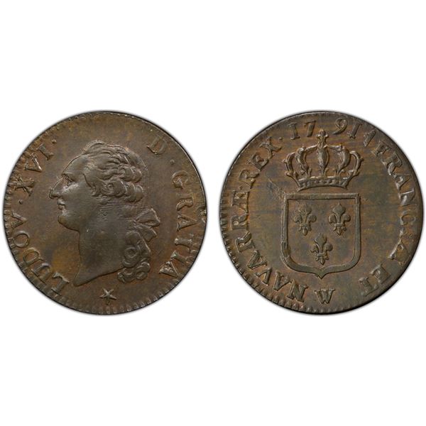 FRANCE: Louis XVI, 1774-1790, AE sol, 1791-W, PCGS MS62 BN