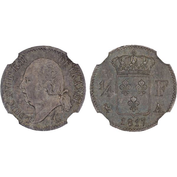 FRANCE: Louis XVIII, 1815-1824, AR 1/4 franc, 1817-A, NGC MS65