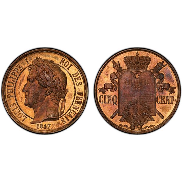 FRANCE: Louis Philippe, 1830-1848, AE 5 centimes, 1847, PCGS Specimen 64 Red Brown