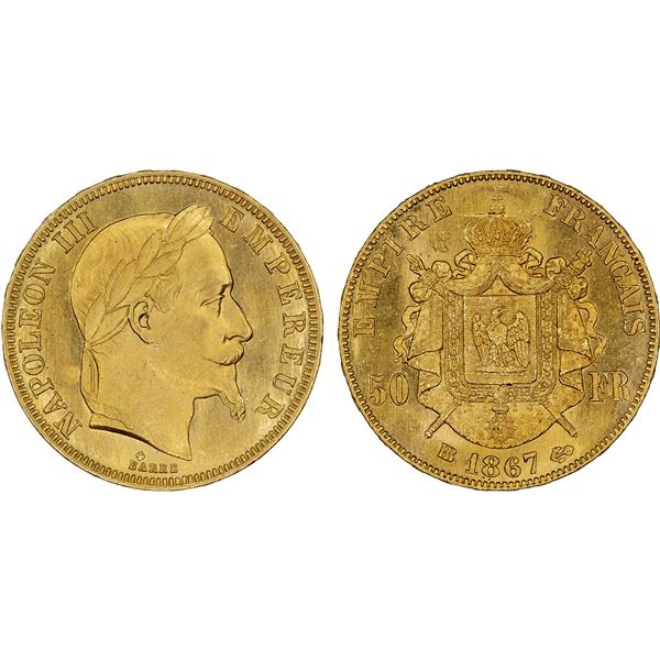 FRANCE: Napoléon III, 1852-1870, AV 50 francs, 1867-BB, Unc