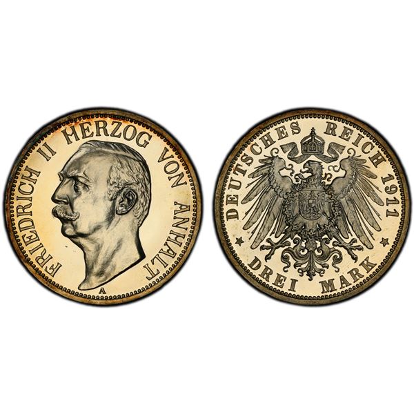 ANHALT-DESSAU: Friedrich II, 1901-1918, AR 3 mark, 1911-A, PCGS Proof 63