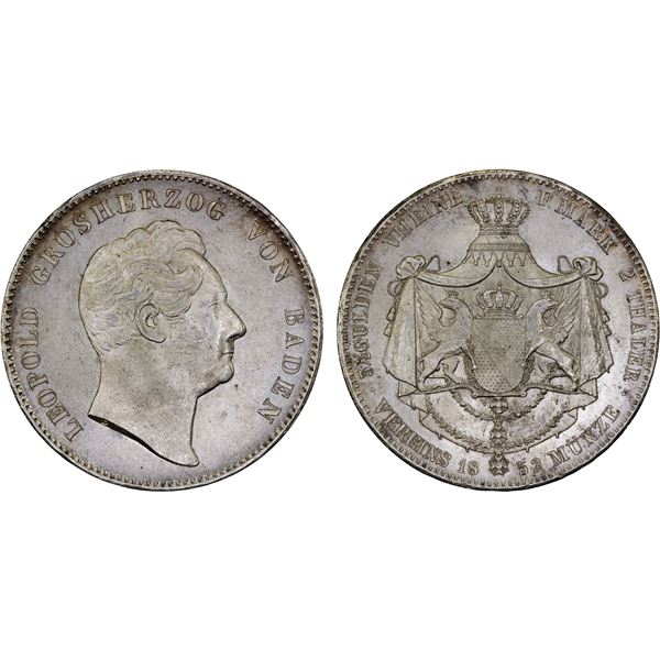 BADEN: Leopold I, 1830-1852, AR 2 thaler, 1852, Unc