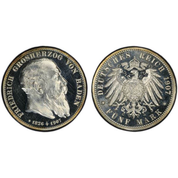 BADEN: Friedrich II, 1907-1918, AR 5 mark, 1907, PCGS Proof 64 CAM