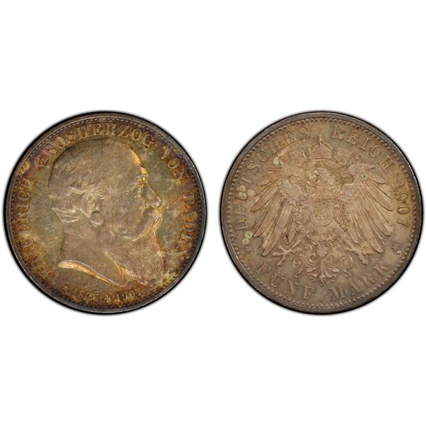 BADEN: Friedrich II, 1907-1918, AR 5 mark, 1907, PCGS MS63
