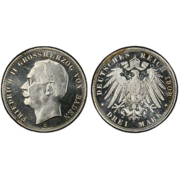 BADEN: Friedrich II, 1907-1918, AR 3 mark, 1908, PCGS Proof 64 CAM