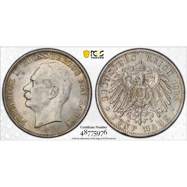 BADEN: Friedrich II, 1907-1918, AR 5 mark, 1908-G, PCGS UNC details