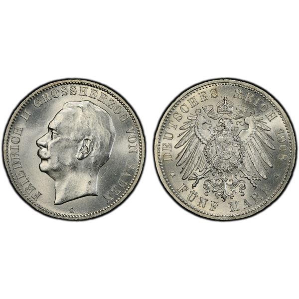 BADEN: Friedrich II, 1907-1918, AR 5 mark, 1908, PCGS MS63