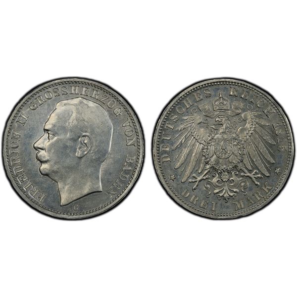 BADEN: Friedrich II, 1907-1918, 3 mark, 1915-G, PCGS Specimen 62