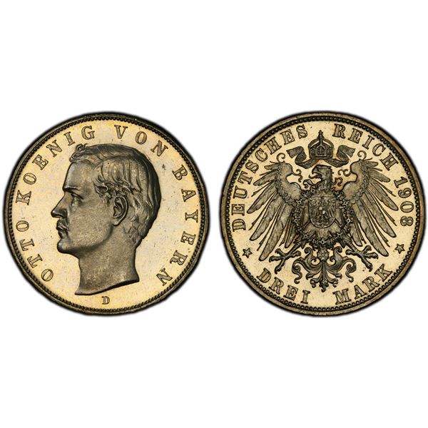 BAVARIA: Otto, 1886-1913, AR 3 mark, 1908-D, PCGS Proof 63