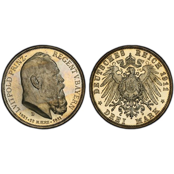 BAVARIA: Otto, 1886-1913, AR 3 mark, 1911-D, PCGS Proof 63