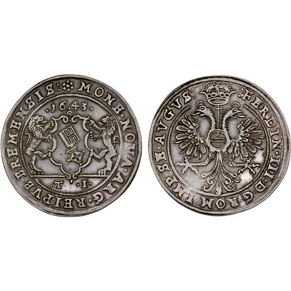 BREMEN: Free City, AR 1/2 thaler (14.09g), 1643, VF