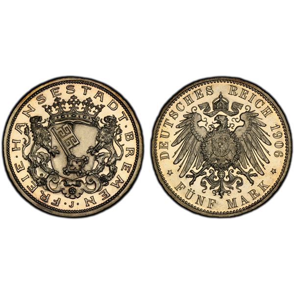 BREMEN: Free Hanseatic City, AR 5 mark, 1906-J, PCGS Proof 63