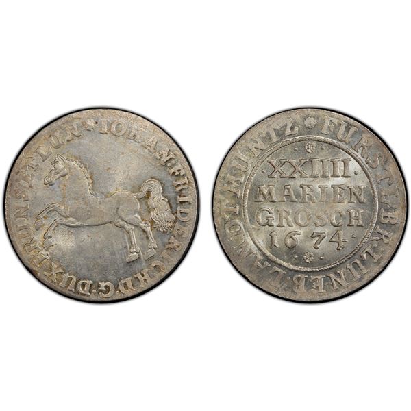 BRUNSWICK-LÜNEBURG-CALENBERG: Johann Friedrich, 1665-1679, AR 24 mariengroschen, Clausthal, 1674, PC