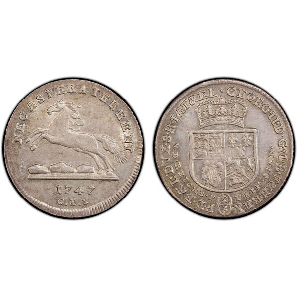 BRUNSWICK-LÜNEBURG-CALENBERG: George II, 1727-1760, AR 2/3 thaler, Clausthal, 1747, PCGS MS62