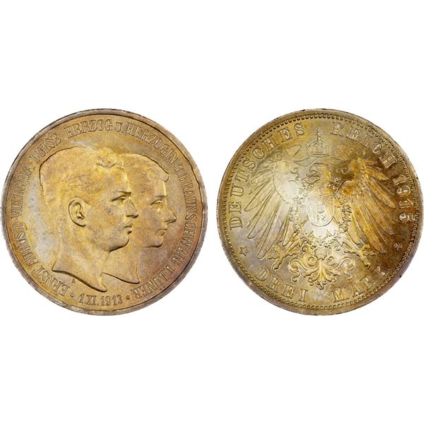 BRUNSWICK-WOLFENBÜTTEL: Ernst August, 1913-1918, AR 3 mark, 1915-A, Unc